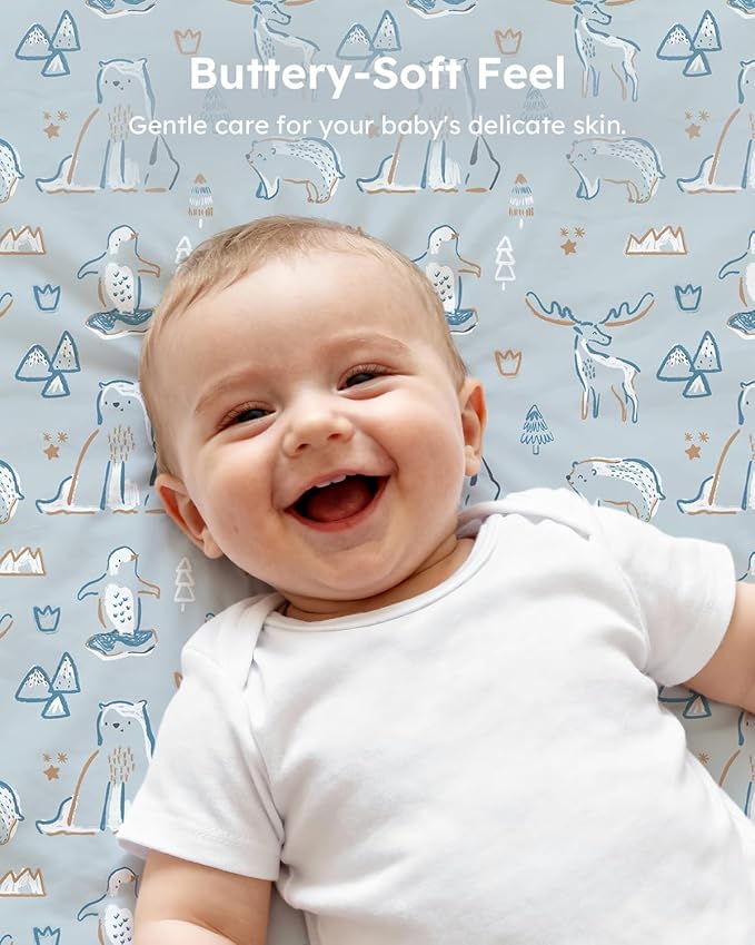 Baby Crib Sheets for Boys Girls, 28x52x8in Fitted Crib Sheet Neutral 3 Pack for Standard Crib and Toddler Mattress, Breathable Soft Microfiber Baby Sheet Blue & Apricot Bear