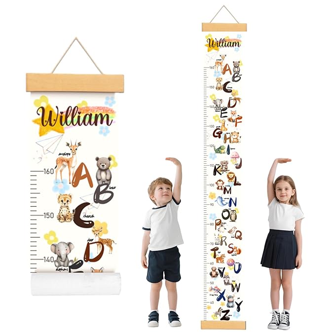 Personalized Name Baby Height Growth Chart Wall, Alphabet and Animal Canvas Growth Chart for Wall Removable, Waterproof Growth Ruler for Wall Toddler Wall Decor