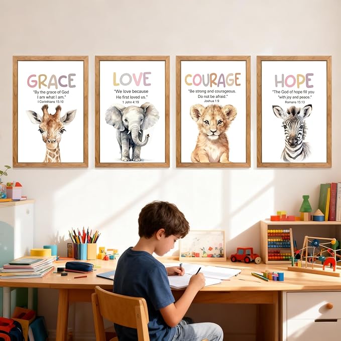Cute Giraffe Elephant Tiger Zebra Quote Framed Wall Art Set of 4, 11x16 Boho Educational Grace Love Courage Hope Saying Sign for Baby Girl Kid Boy Toddlers, Wooden Inspirational Nursery Wall Decor