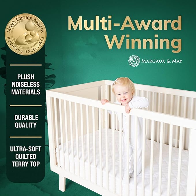 Margaux & May Crib Mattress Protector Pad - Ultra-Soft Waterproof Breathable Premium Bamboo Rayon - Noiseless Fitted Dryer Safe Cover. High Absorbency Oeko-TEX Certified (28 x 52 x 9 inches)
