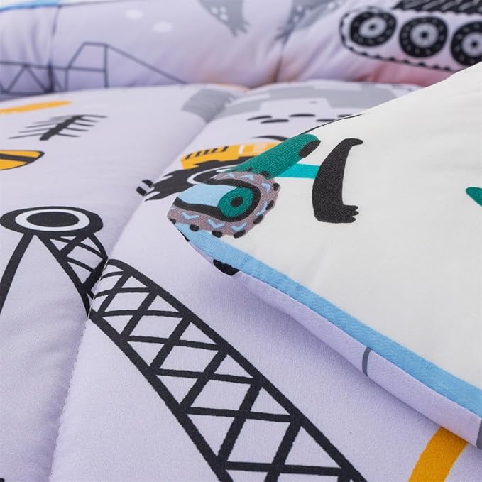 NTBED 5 Pieces Construction Cars Comforter Set Full for Boys Kids Bed in a Bag Vehicles Transportation Lightweight Microfiber Bedding Sets,Light Grey