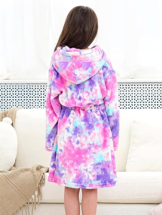 Doctor Unicorn Girls Leopard Cat Robe Kids Fleece Warm Hooded Bathrobe