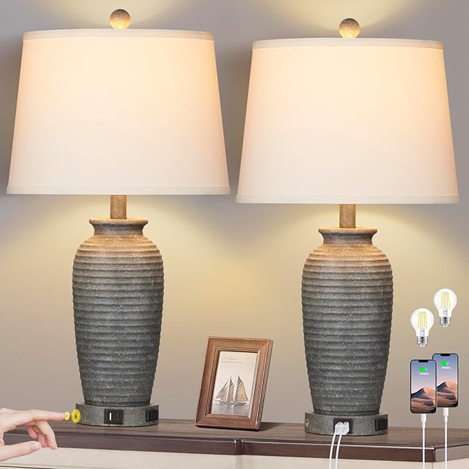 CINSARY 25" Farmhouse Jar Table Lamps Set of 2, 3 Way Touch Control Rustic Bedside Lamps with USB A+C Ports & AC Outlet, Pot Nightstand Lamps for Bedroom Living Room (LED Bulbs Included)