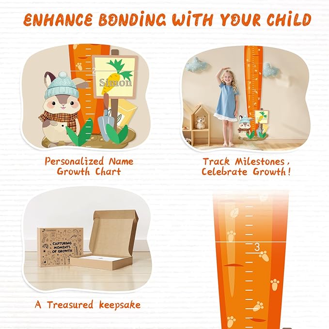 Woodemon Personalized Child Growth Charts,Rabbits and Carrots Wooden Kids Height Wall Chart, Height Measurement for Wall Kids Room Nursery Decor