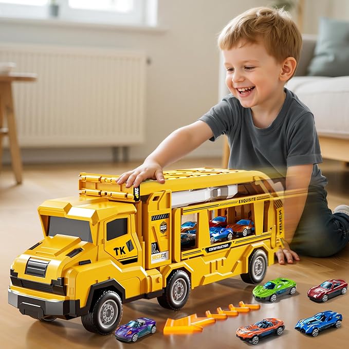 Toddler Car Truck Toys for 3 4 5 6 7 8 Years Old Boys, Transporter Truck Toy Track Set with 12 Die-Cast Car Toys, Toy Gifts for 3 4 5 6 Year Old Boys Kids
