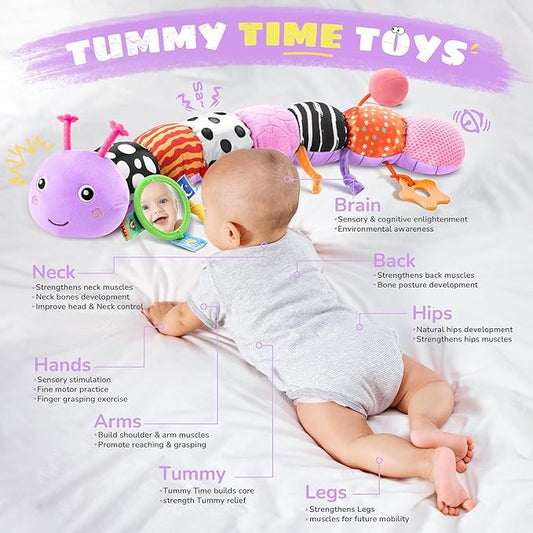 Baby Toys 6-12 Months Music Caterpillar,Stuffed Animals Infant Toys 0-3-6 Months,Teething Sensory Toys Tummy Time with Mirror Crinkle Rattle&Pull String for Boys Girls Gifts Birthday|Purple