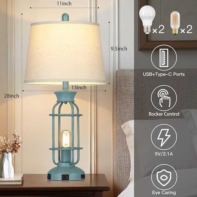 Farmhouse Table lamps for Living Room, 28" Tall Vintage Industrial Table Lamp with USB C+A Ports & Outlet, Rustic Bedside Lamps with 2 Nightlight & Linen Fabric Shade for Nightstand Bedrooms Desk Blue