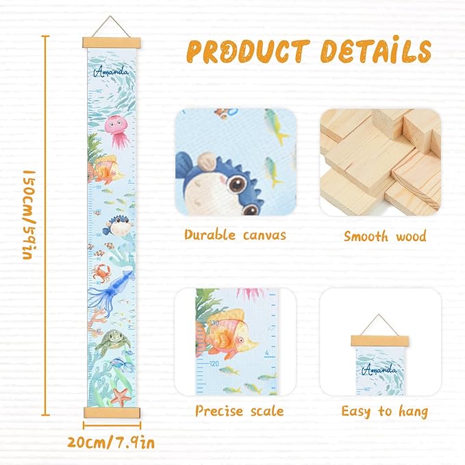 Woodemon Personalized Name Growth Chart for Wall, Painted Marine Animals Canvas Height Chart for Kids Baby Child Toddler, Canvas Growth Chart for Wall Nursery Decor, Hangable & Waterproof