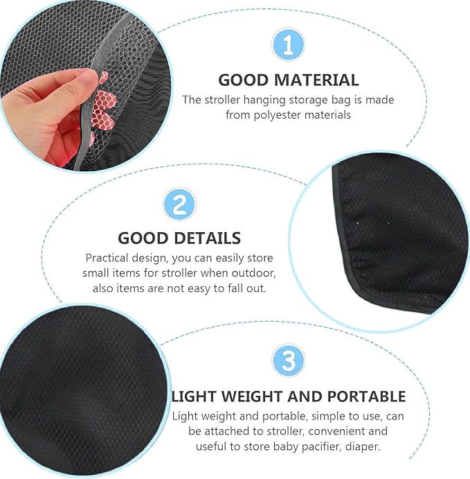 Elfzone Stroller Side Bag - Bike/Stroller Organizer, Hook & Loop Easy Attach - Mesh Design, Non-Slip Straps, mom Cozy Stroller Organizer, Stroller Accessories, Black (BLACK 2PCS)