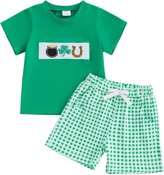 Baby Boy St Patricks Day Outfit Clover Embroidery Short Sleeve T-shirt Tops Shorts Set Toddler Spring Summer Clothes