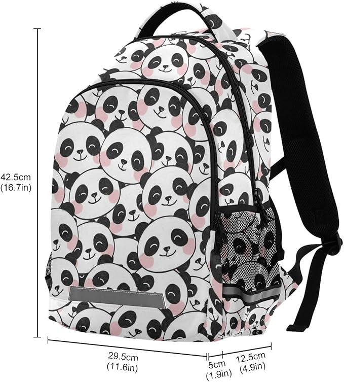 MNSRUU School Backpack with Chest Strap, Dot With Cute Panda Laptop Backpack, Travel Hiking Backpack for Boys Girls, Rucksack, Knapsack