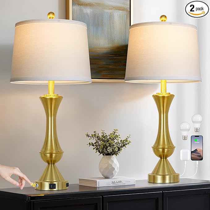 luxeflow 29" Tall Gold Table Lamps Set of 2 for Living Room, Touch Control Bedroom Lamps for Nightstand, 3-Way Dimmable Bedside Lamp with USB A+C Port &AC Outlets(2 LED Bulbs Included)