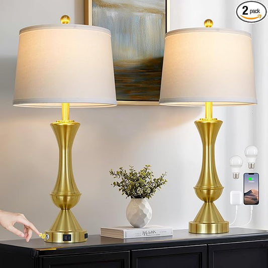 luxeflow 29" Tall Gold Table Lamps Set of 2 for Living Room, Touch Control Bedroom Lamps for Nightstand, 3-Way Dimmable Bedside Lamp with USB A+C Port &AC Outlets(2 LED Bulbs Included)