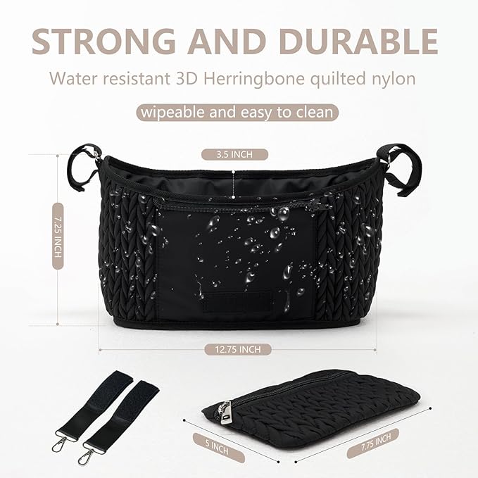 LUKJOJO Stroller Organizer - Stylish Quilting Nylon, Universal Fit, Detachable Bag, Adjustable Multi-Storage for Baby Stroller and Pet Stroller（Black-A