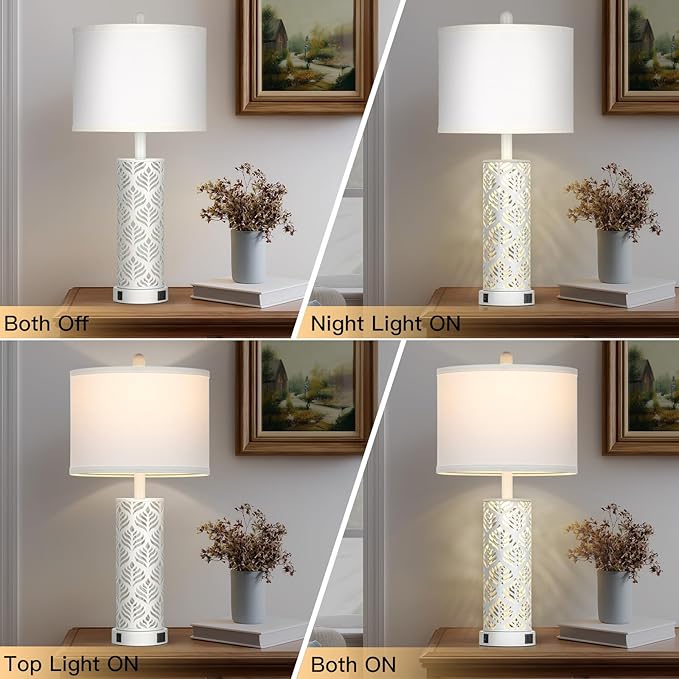 Cinkeda Set of 2 Rustic Table Lamps for Living Room Bedroom, Vintage Farmhouse Nightstand Lamp with 2 USB Ports, Hollow Out Metel Lamp for End Table with Nightlight (White)