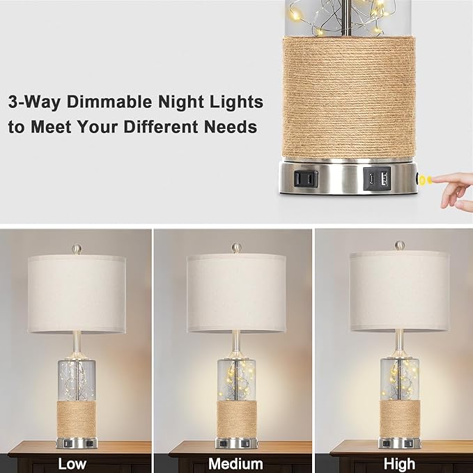 Cinyirong 25" Boho Table Lamps Set of 2, Coastal Glass Bedside Lamps with USB A+C Ports and AC Outlet, Rattan Lamp with Night Light for Nightstand Living Room Bedroom, 2 LED Bulbs Included, Silver