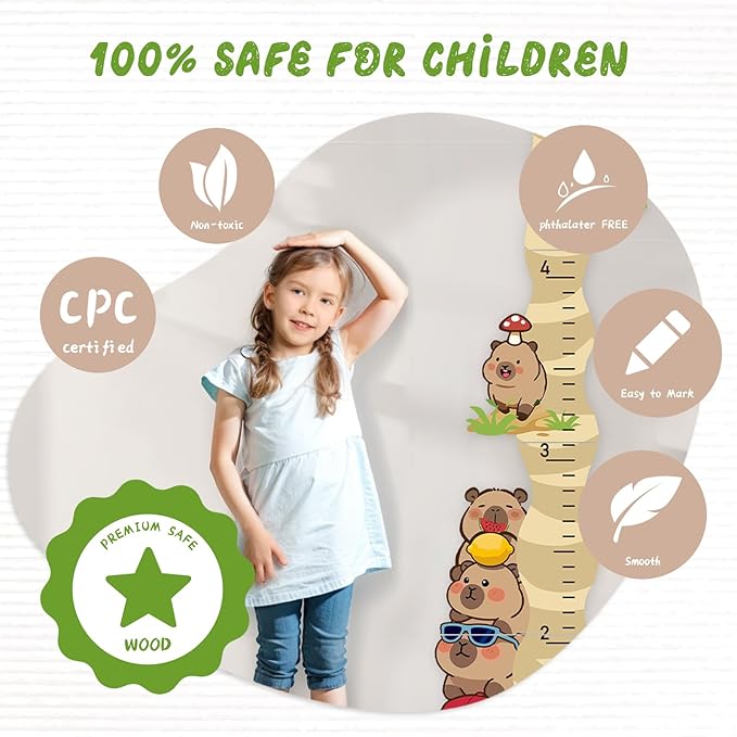 Woodemon Personalized Name Growth Chart for Wall, Cute Capybara Wood Height Chart for Kids, Boy Girls Height Measurement Growth Measuring Ruler, Toddler Children Playroom Decor