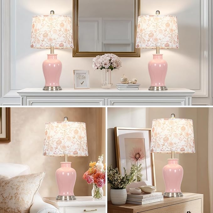 luxeflow Pink Ceramic Table Lamp with Flower Lampshade, 23" Cute Ceramic Bedside Lamp with Ginger Jar Design, Modern Living Room Lamps Set 2, Elegant Bedroom Lamps for Nightstand Desk Side Home Decor