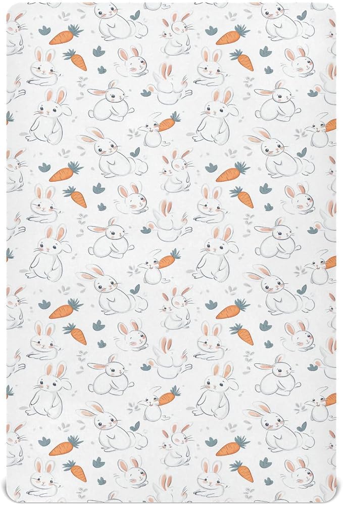 White Rabbit and Carrot01 Crib Sheets Standard Crib Toddler Mattresses Cover Fitted Baby Bed Sheet Breathable Crib Mattress Sheet for Girls Boys 39''x27''x9''