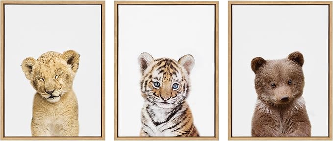 Amy Peterson Art Studio Sleepy Lion, Baby Tiger and Bear Framed Canvas Art Set, 3 Piece 18x24 Natural, Baby Animal Wall Art Decor Set