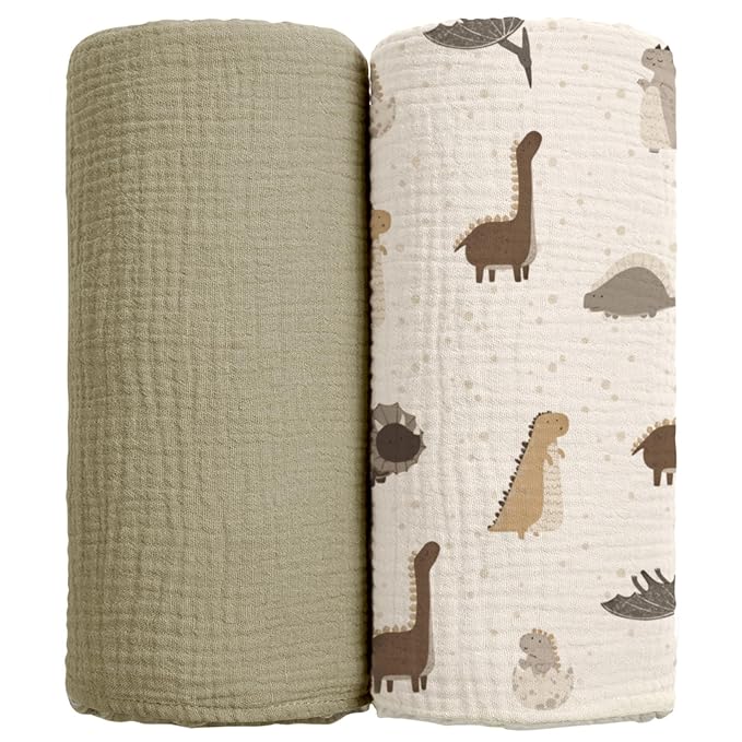 lulumoon Baby Muslin Swaddle Blankets: Soft Receiving Blanket for Newborn - Cotton Swaddling Blanket for Neutral 2Pack(Dinosaur)