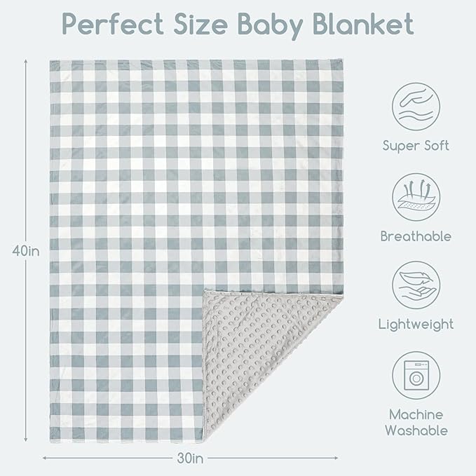 Baby Blankets for Girls, Toddler Newborn Blanket Double Layer with Dotted Backing Crib Receiving Blanket for Toddler Nursery Bed Blanket, Grey Checkered, 30x40 Inches