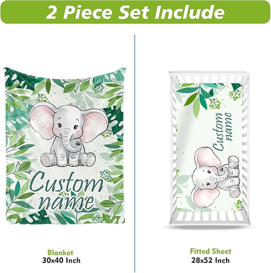 Personalized Crib Bedding Set for Boys Girls, Custom Baby Crib Sets with Name, Green Elephant Design Nursery Bedding 2 Piece - Soft Blanket with Double Layer Dotted Backing, Crib Fitted Sheet