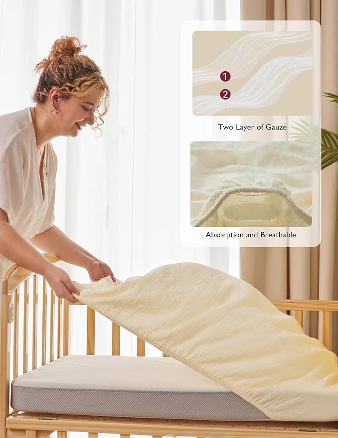 Momcozy Muslin Standard Fitted Crib Sheets, 52"x28", 2 Pack Soft Breathable Natural Cotton Baby Mattress Sheet, 360° Mattress Wrapping No Slip Boys Girls Neutral Toddler Bed Sheet, Beige Coffee Red