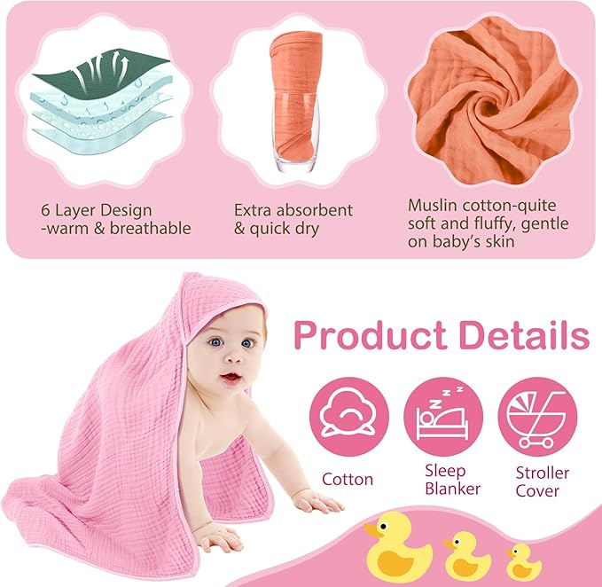 Peryiter 4 Pcs Muslin Hooded Baby Towels, 32x 32'' Cotton Newborn Bath Towel Muslin Infant Baby Blankets Absorbent Unisex Christmas Registry Gift Essentials for Girls Boys (Rainbow Colors)
