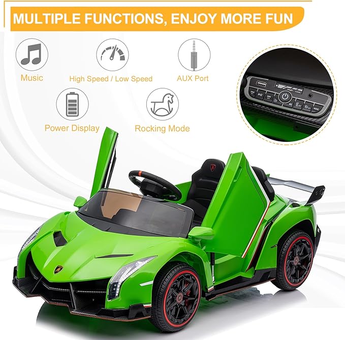 Winado 12V Ride on Car, Electric Vehicle Licensed Lamborghini Veneno for Kids, Battery Powered Car Toy w/Parent Control, Hydraulic Doors, 3 Speeds, LED Headlights, Horn, Engine Sounds - Green