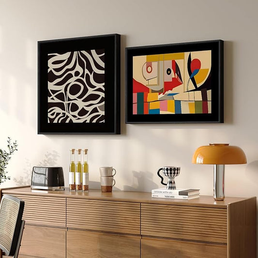 Framed Black Colorful Abstract Bedroom Wall Art, Set of 2 Mid Century Modern Geometric Line Artwork for Walls, Contemporary Canvas Prints for Living Room Hallway Office Wall Decor, 24x24 & 24x18 Inch