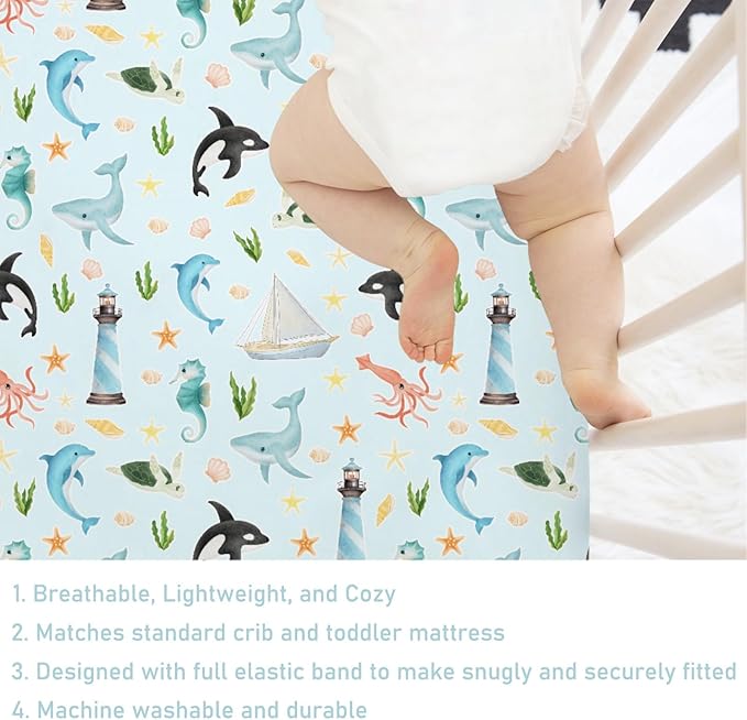 Colorful Sea Animals Baby Crib Sheet 52''x28'' Ocean Whale Dolphin Turtle Shells Coral Lighthouse Ship Stretchy Fitted Crib Mattress Cover for Boy Girl Baby Sheets for Standard Crib Toddler Mattress