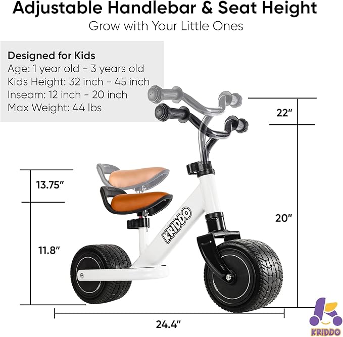 KRIDDO Baby Balance Bike 1-2 Year Old, Mini Cruiser Bike for One Year Old First Birthday Gifts Baby Toys 12 Months to 2.5 Year Old, White