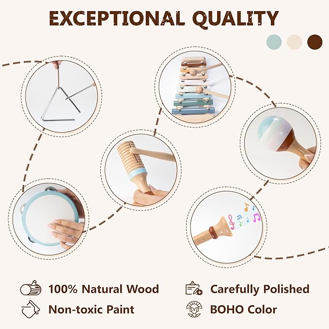 Baby Musical Instruments | Montessori Wooden Toys for Toddlers, Neutral Color Percussion Instruments Set with Xylophone Tambourine, Educational Musical Toys for Boys Girls 3+