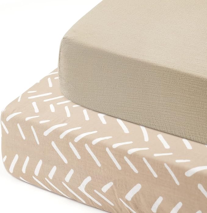 GRSSDER Soft Muslin Crib Sheet 2 Pack, 100% Cotton Crib Sheets for Boys and Girls, Fit Standard Crib Mattresses 52" x 28" Safe and Snug, Taupe/Stripe