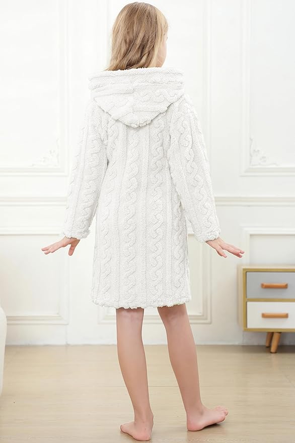 Umeyda Girls & Womens Twist Fleece Robes, Hooded Soft Warm Bath Robe for Kids Womens Fuzzy Bathrobe for Gifts