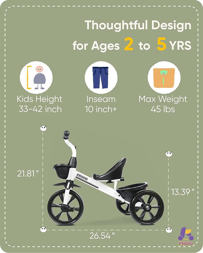 KRIDDO Kids Tricycles for 2-4 Year Olds, Toddler Trike Gift for 24 Months to 4 Years, White