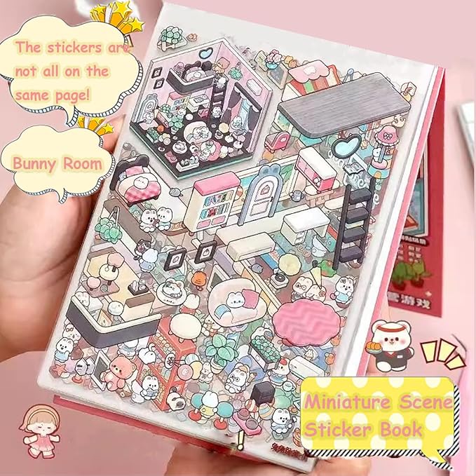 20 Sets 3D Sticker Therapy Scene Material Book,DIY 3D House Stickers Set for Adults,Rich Collection of 3D Space Stickers and Storage Spiral Notebook,Room Stickeer Book for Adults Kids