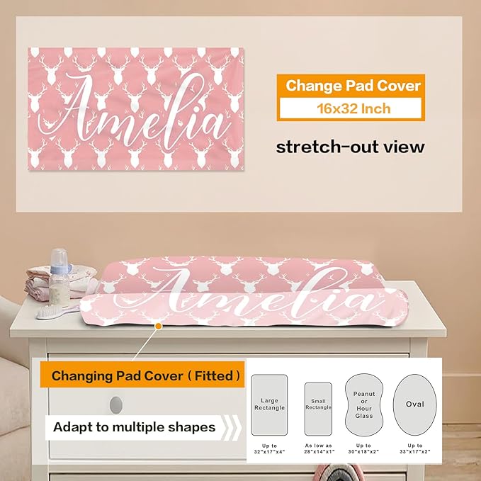 Custom Baby Bedding Set: Personalized Pink Deer Antlers Bedding, Baby Blanket Fitted Sheet Changing Cover Nursery Rug Gift Idea Room Decor