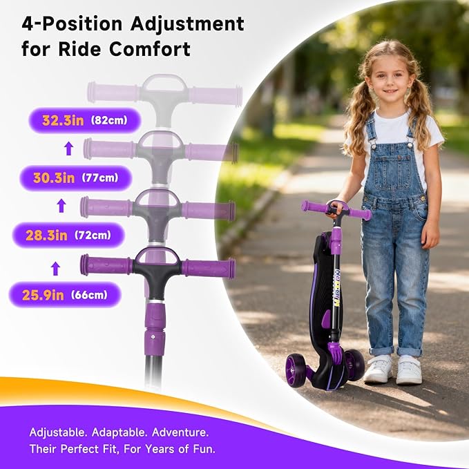 Nattork Kids Scooter for Age 3-8, Toddler Scooter with 4 Adjustable Height for Boys & Girls, Light Up 3-Wheels Foldable Kick Scooter, Lean to Steer, 120LB Weight Capacity