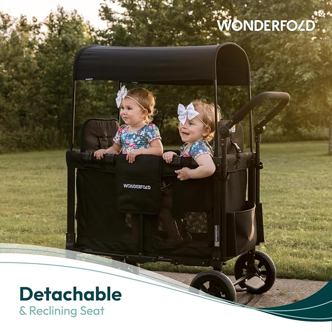 WONDERFOLD W2 Luxe Stroller Wagon (2 Seater) - Collapsible Wagon Stroller with Seats with Magnetic Buckle 5-Point Harnesses and Adjustable Sun Canopy, Volcanic Black