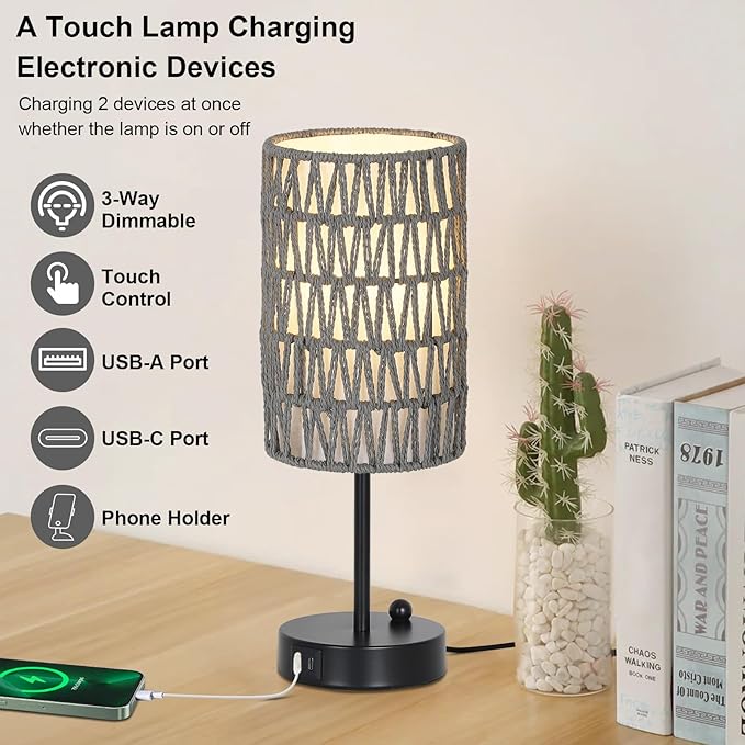 Eayaya Gray Bedside Lamps Set of 2, Touch Control Night Stand Lamp for Bedroom with Rattan & Linen Shade & Bulbs, 3 Way Dimmable Small Boho Table Lamps with USB Charging Port & Phone Stand