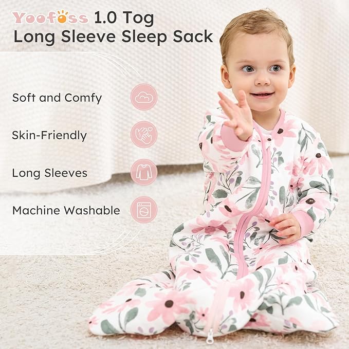 Yoofoss Baby Sleep Sack 0-6 Months 1.0 Tog Long Sleeve Sleep Sack Organic Cotton Wearable Blanket for Newborns 2-Way Zipper Quilted Sleeping Sacks(Small)