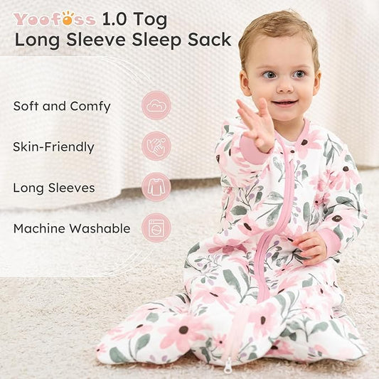 Yoofoss Baby Sleep Sack 0-6 Months 1.0 Tog Long Sleeve Sleep Sack Organic Cotton Wearable Blanket for Newborns 2-Way Zipper Quilted Sleeping Sacks(Small)