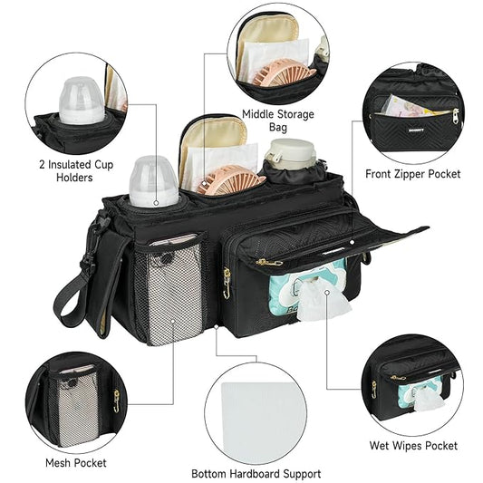 Universal Stroller Organizer with Insulated Cup Holder,Stroller Caddy Bag with Wet Wipes Pocket,Stroller Accessories Fits for Uppababy,Doona,Jogger,Britax,Mompush,BoB Strollers,Black