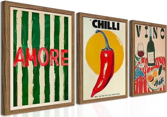 Framed Kitchen Wall Art Set of 3, Abstract Table Food Kitchen Wall Decor, Chilli Pictures Prints Artwork, Vintage Dining Room Canvas Painting, Modern Kitchen Home Decoration – 16x24 inch