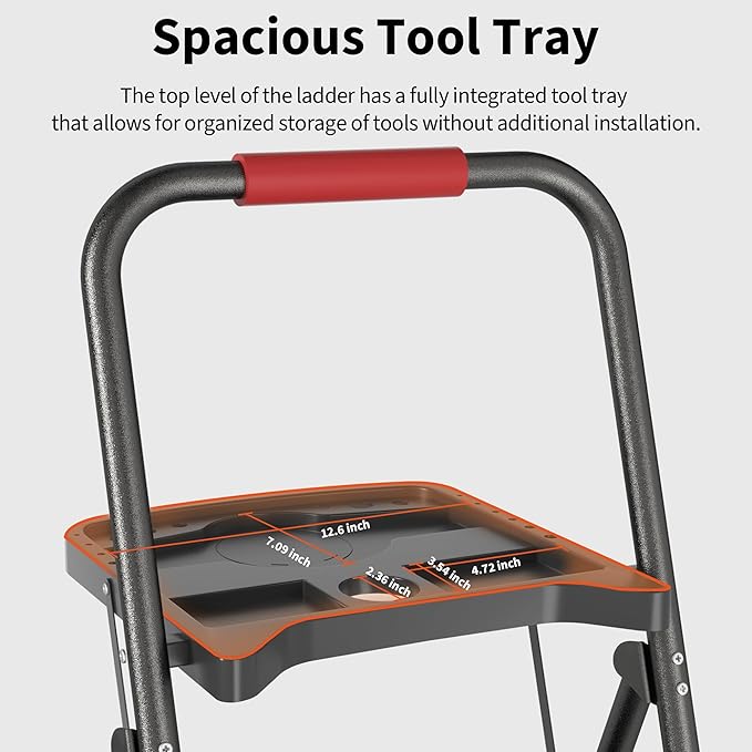 DIAMONDFORGE 3 Step Ladder, Folding Step Stool with Tool Platform, Wide Anti-Slip Pedal and Anti-Slip Feet, Sturdiest Steel Construction, 600lbs Capacity Steel Ladder for Home Office, Black Red