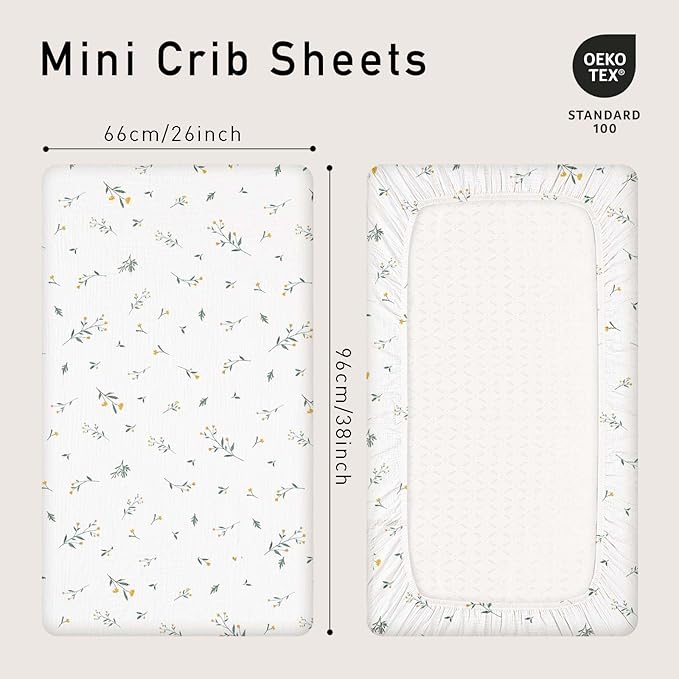 Gllquen Baby Muslin Mini Crib Sheets 3 Pack, Breathable Pack and Play Sheets Fitted 38"x26" Soft Cozy Cotton Pack N Play Sheets for Baby Boy Girls, Universal Fitted Mini Crib Mattresses (Green)