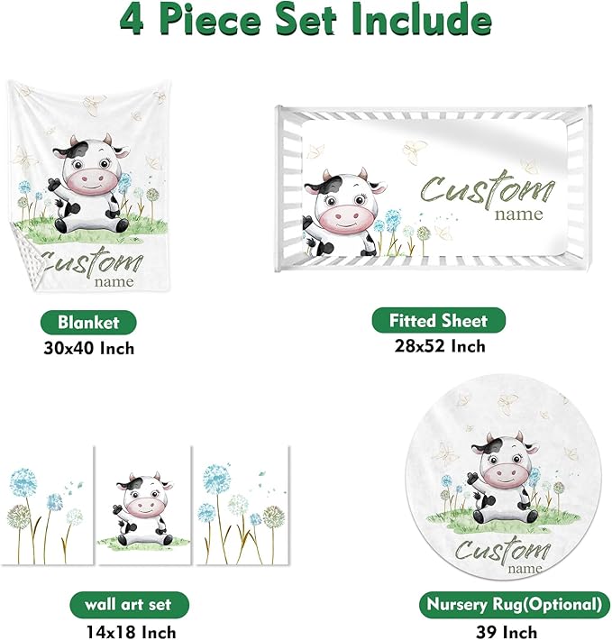 Custom Baby Crib Bedding Set,Personalized Name 4 Piece Nursery Bed Set with Cows Design,Baby Blanket Fitted Sheet Nursery Rug Wall Art Set,Custom Room Decor Idea Gift for Newborns Boys Girls