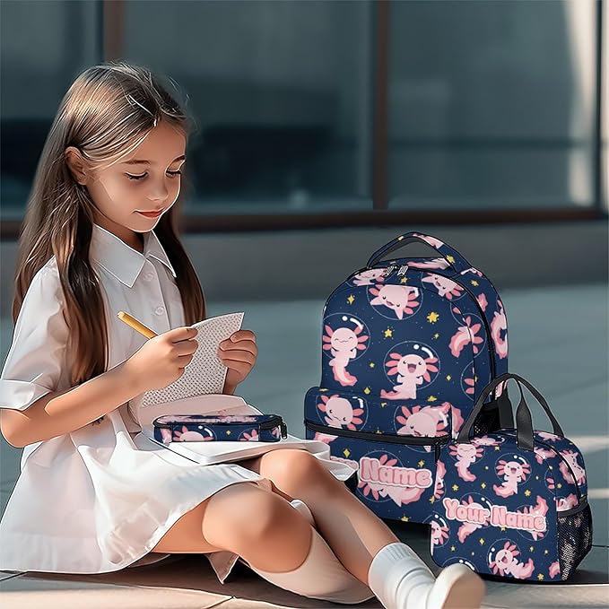 COZYAURA Custom Kids Backpack for Girls - Large Capacity School Bags with Lunch Bag Pencil Pouch Set - Cute Axolotl Bookbag for Elementary Middle School & Travel - Kid School Supplies